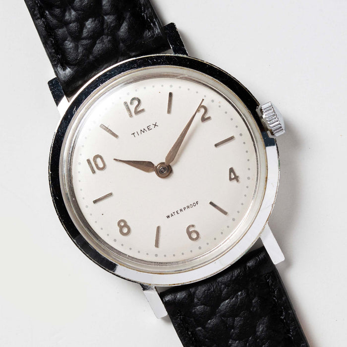 material shot of the watchface of The 1960 Timex Marlin Aluminum