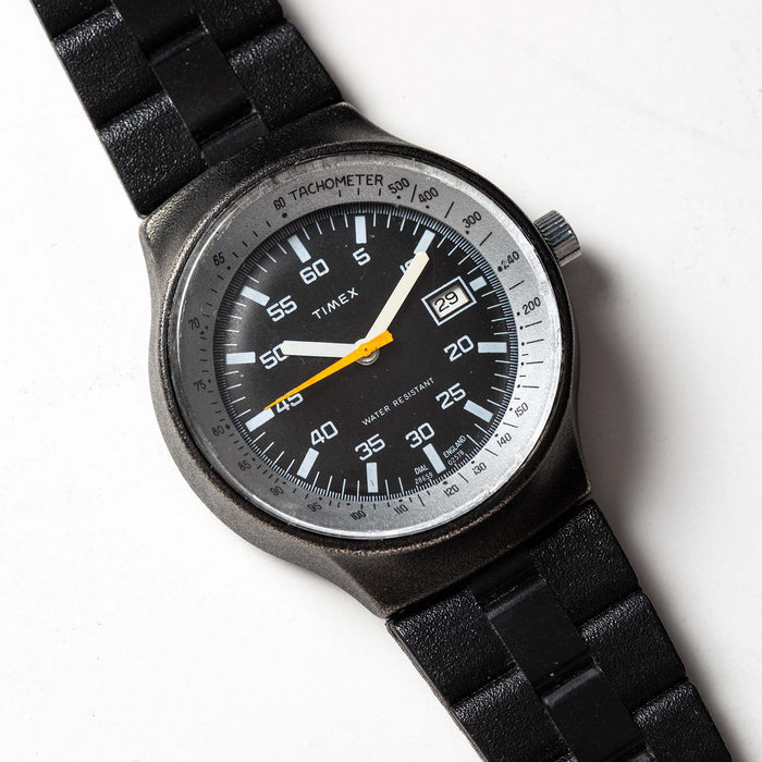 flatlay of the 1978 Timex Black Max, shown close up