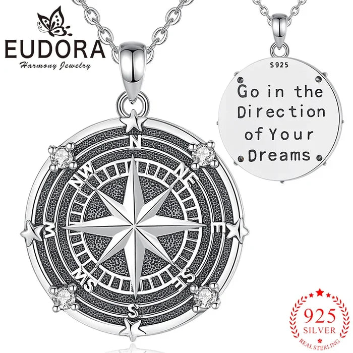 925 Sterling Silver Compass Pendant Necklace