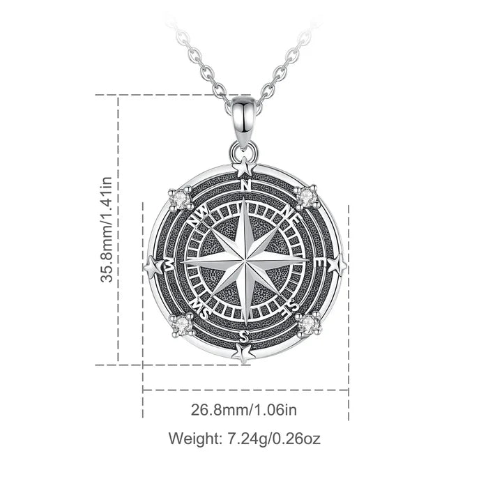 925 Sterling Silver Compass Pendant Necklace