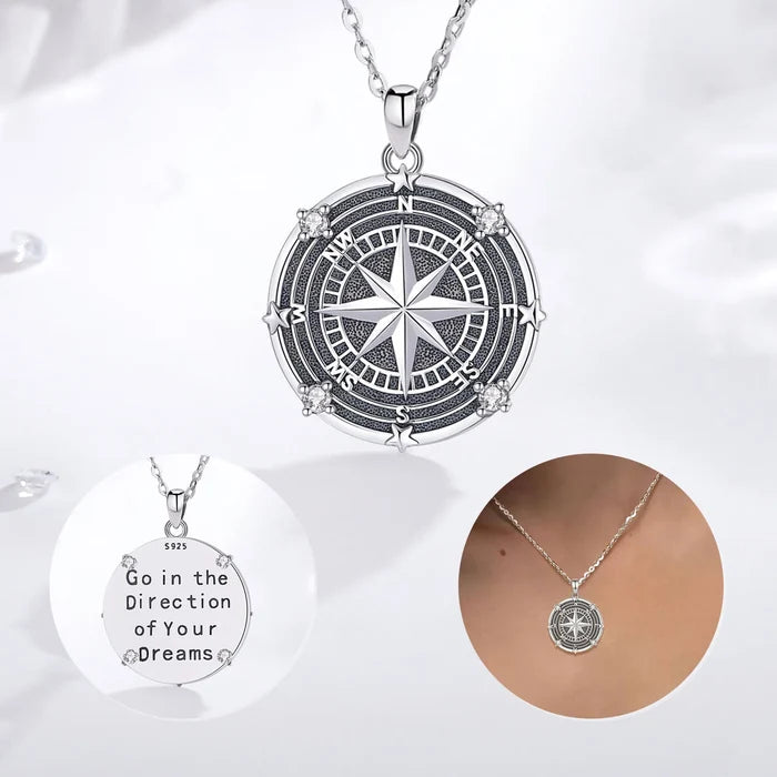 925 Sterling Silver Compass Pendant Necklace
