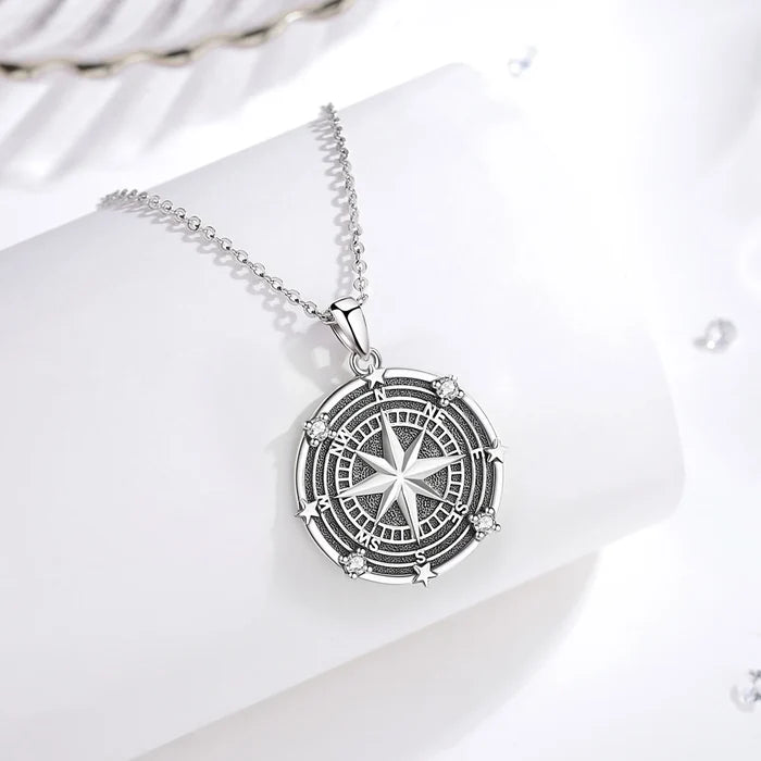 925 Sterling Silver Compass Pendant Necklace