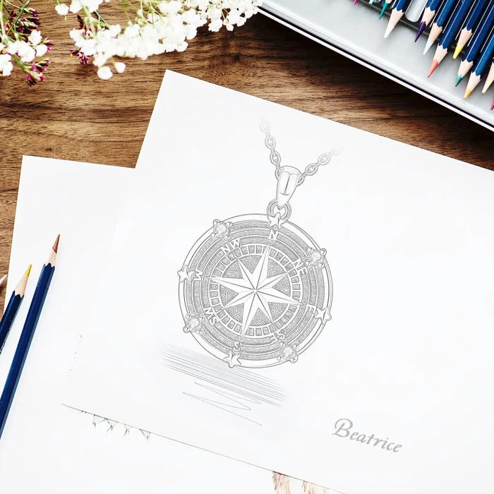 925 Sterling Silver Compass Pendant Necklace