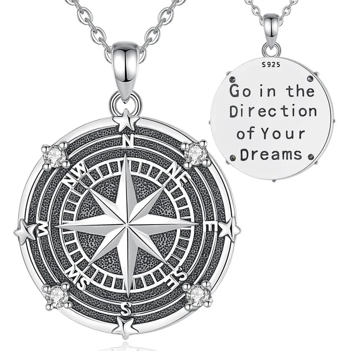 925 Sterling Silver Compass Pendant Necklace