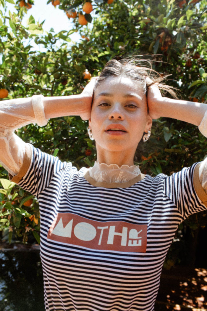 Woman wearing Mother ringer tee shirt by The Bee & The Fox