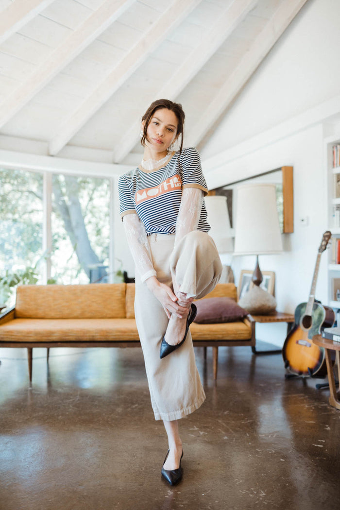 Woman wearing Mother ringer tee shirt by The Bee & The Fox