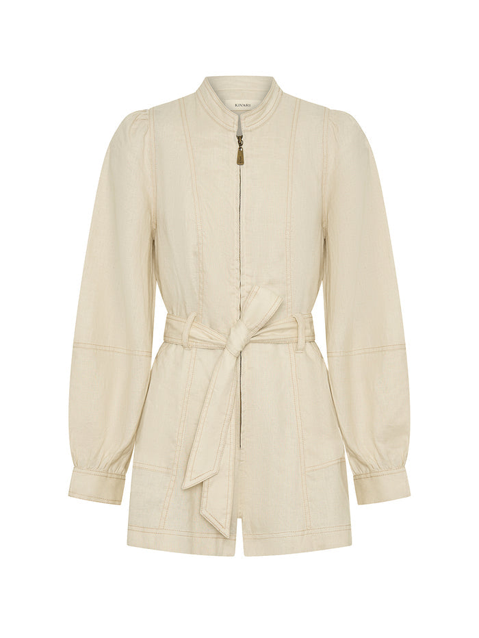 Beige playsuit with a belt on a white background