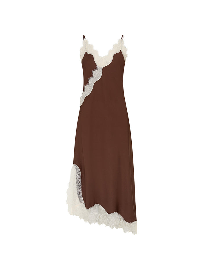 A brown slip dress with white lace trim along the neckline, side, and hem, displayed against a plain white background.