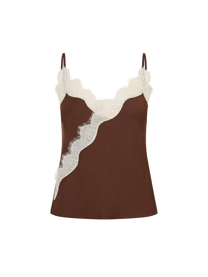 A brown camisole top with white lace trim along the scoop neckline and a diagonal lace panel on the front, shown against a plain white background.
