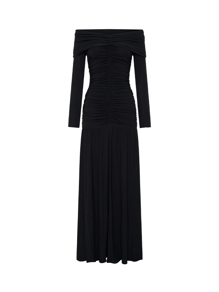 Black off-shoulder gown on a white background