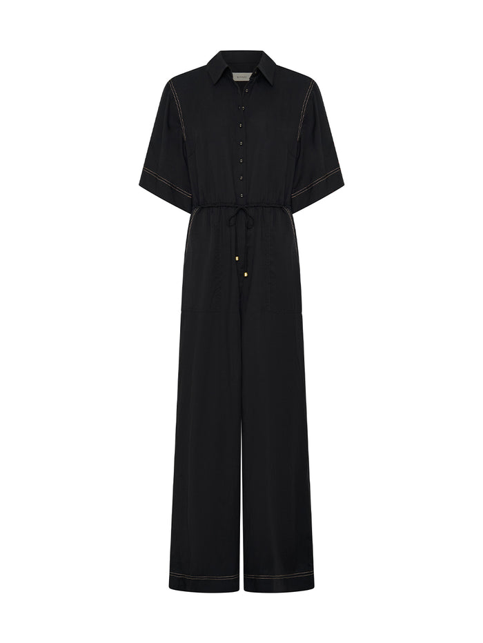 Black jumpsuit with short sleeves on a white background