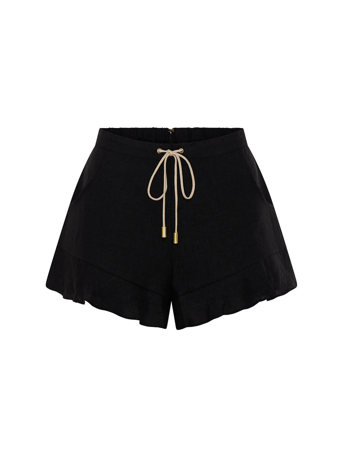 KIVARI Azarea black high-waisted shorts with drawstring tie, flat lay product shot