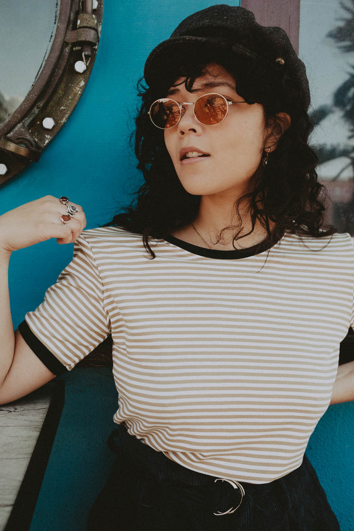 Beige & White Stripes Ringer Tee by The Bee and The Fox