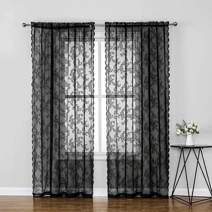 Black Floral Lace Curtains with Fixed Pleat