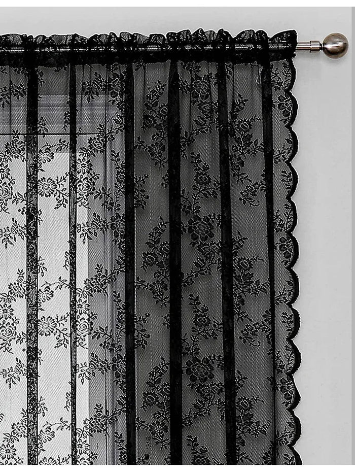 Black Floral Lace Curtains with Fixed Pleat