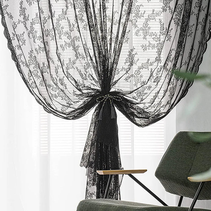 Black Floral Lace Curtains with Fixed Pleat