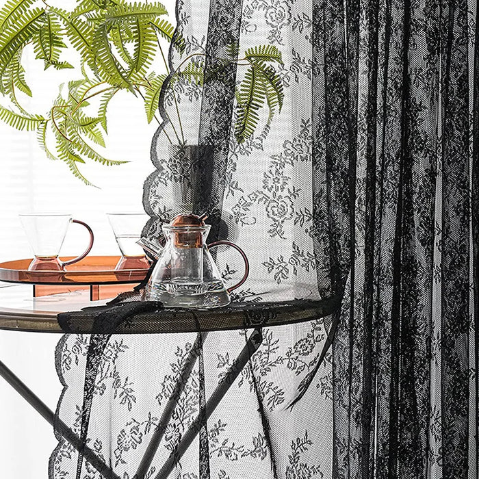 Black Floral Lace Curtains with Fixed Pleat