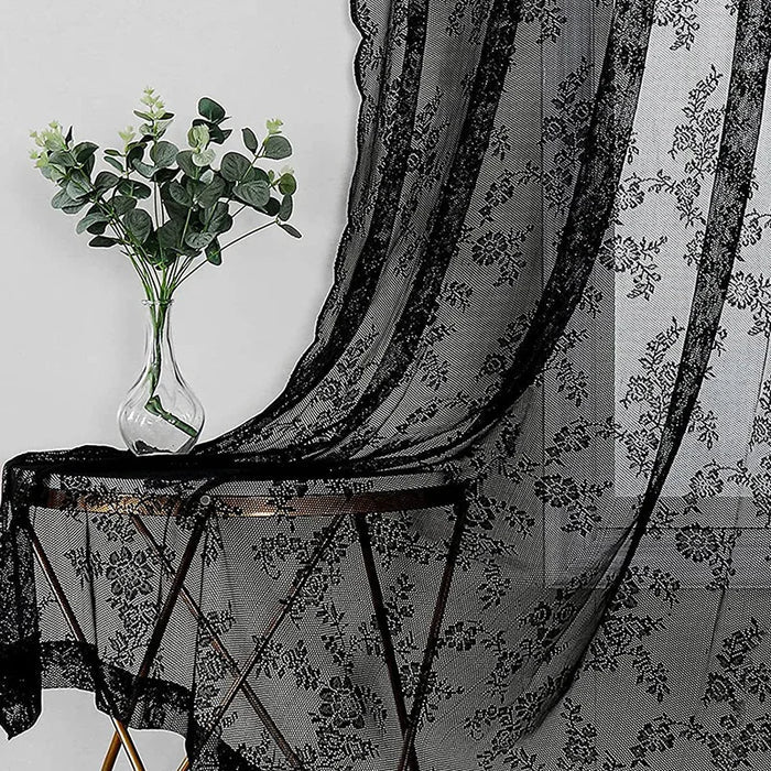 Black Floral Lace Curtains with Fixed Pleat