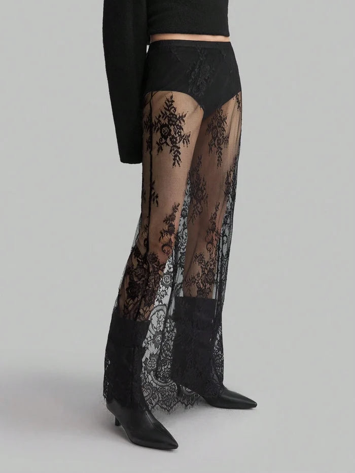 Black Sheer Floral Lace Maxi Skirt