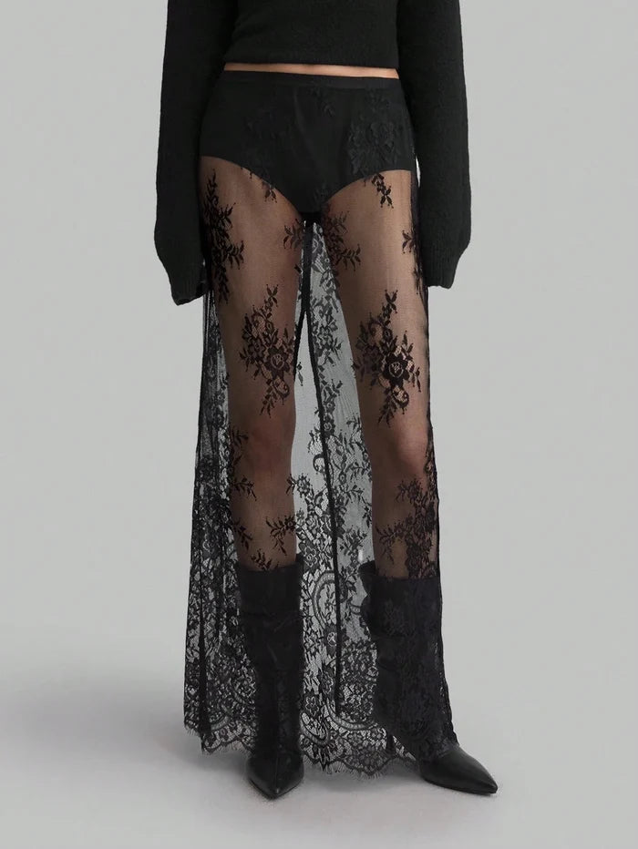 Black Sheer Floral Lace Maxi Skirt
