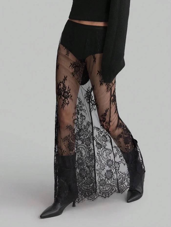 Black Sheer Floral Lace Maxi Skirt