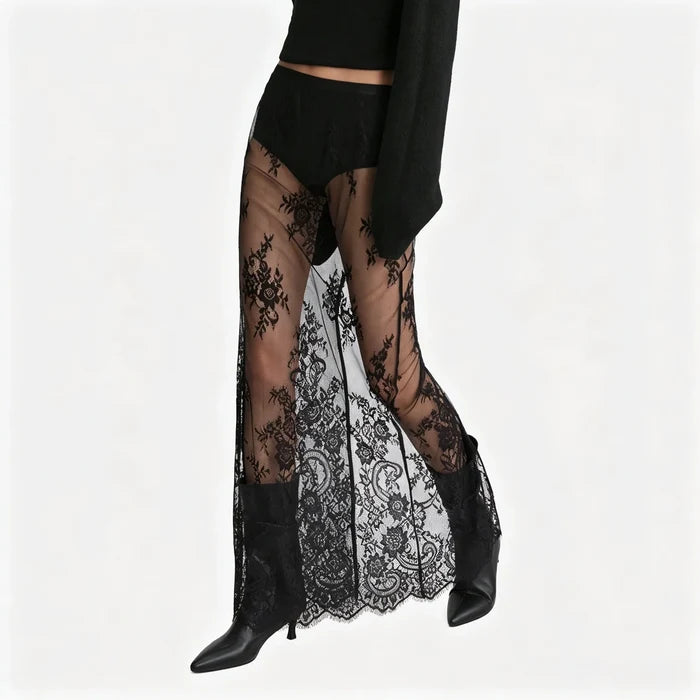 Black Sheer Floral Lace Maxi Skirt