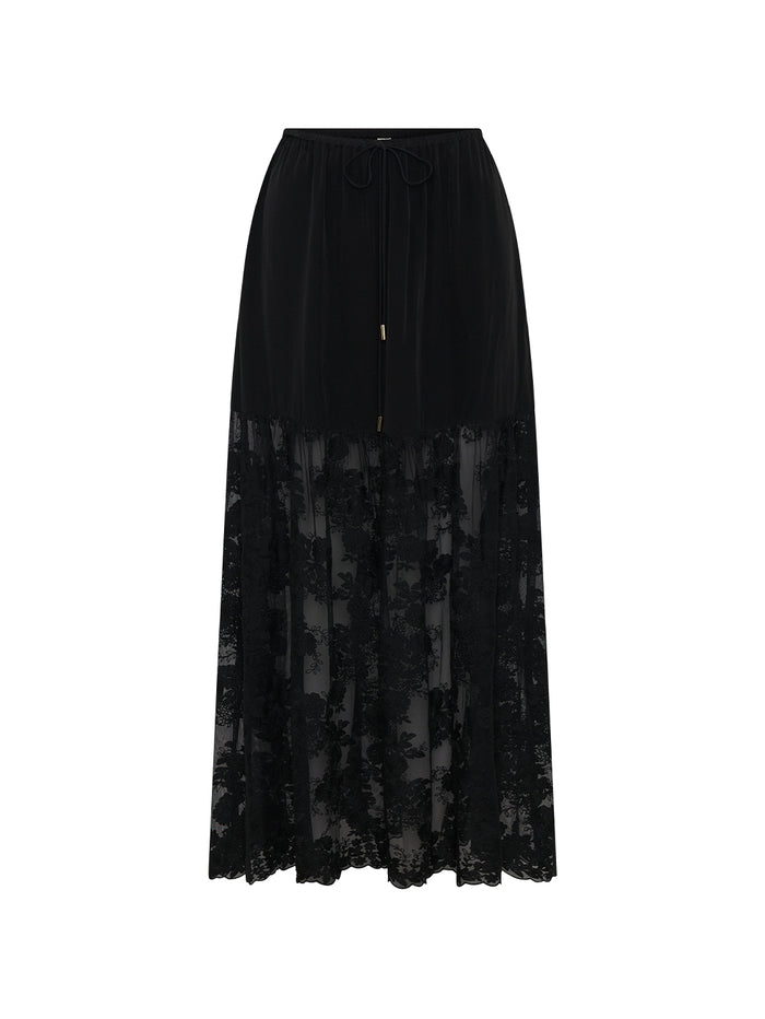 Black long skirt with lace detail on a white background