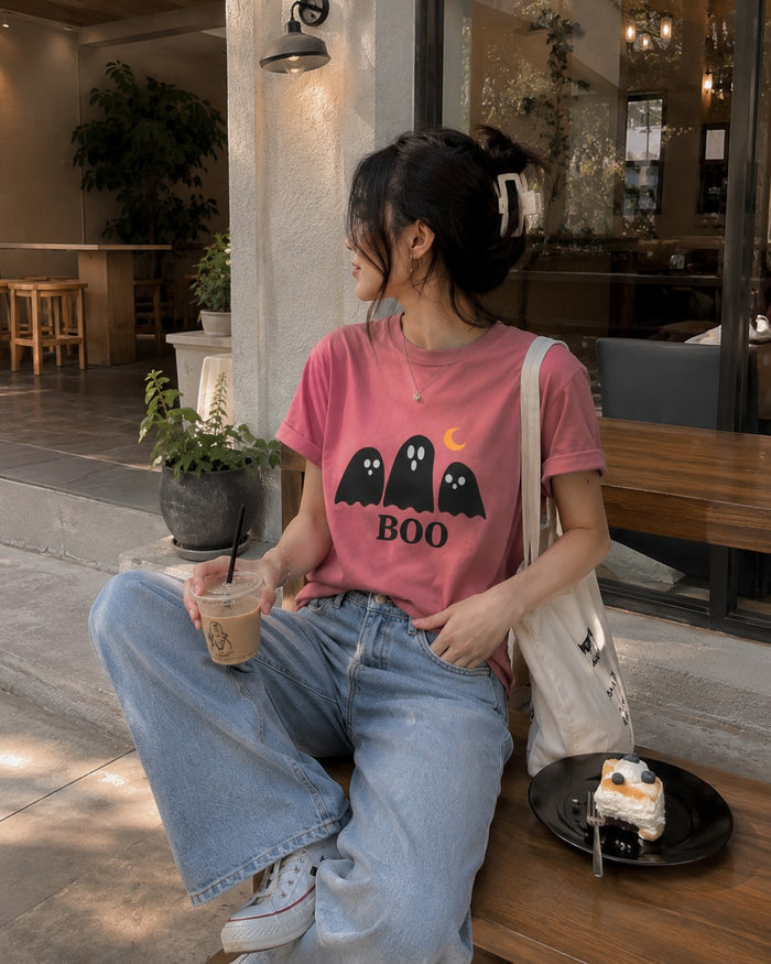 Boo Ghosts Halloween T‑Shirt — Cute Trio Ghosts with Moon