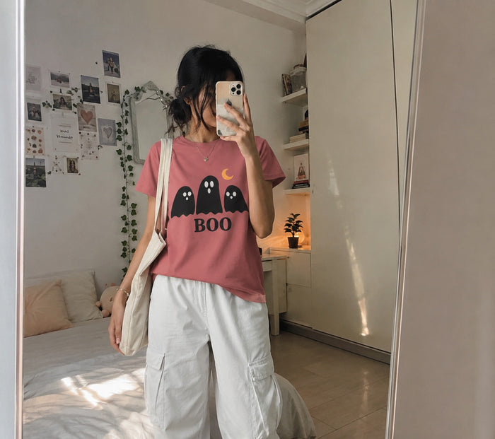 Boo Ghosts Halloween T‑Shirt — Cute Trio Ghosts with Moon