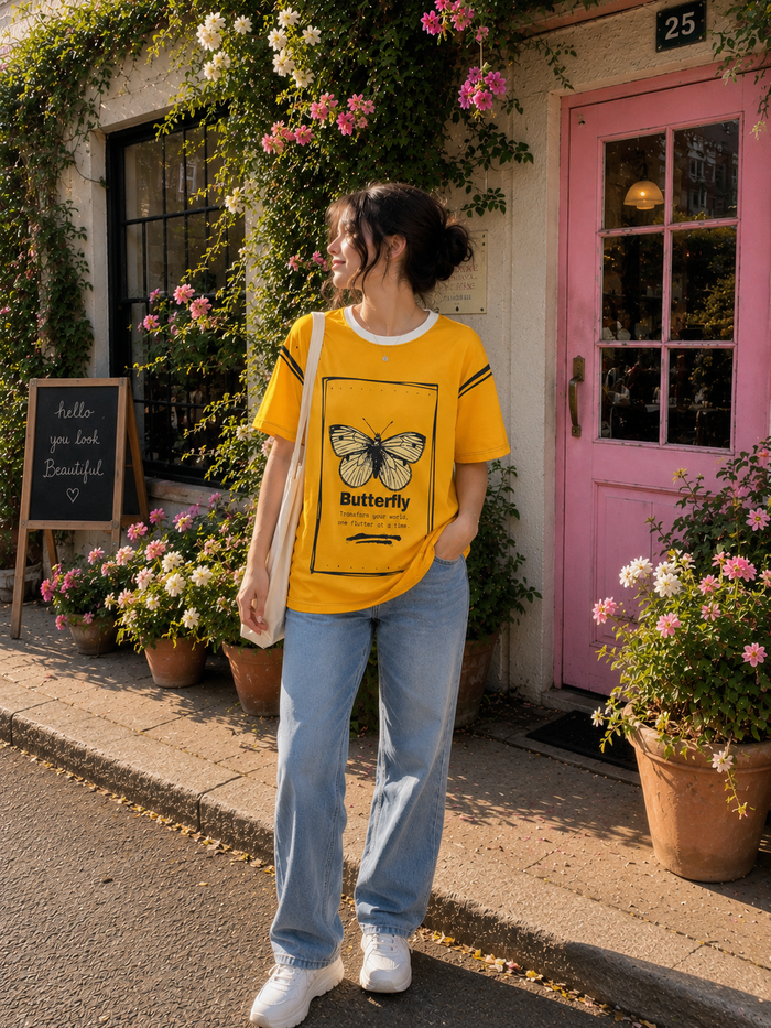 Butterfly Transform Tee — Yellow Graphic Butterfly T-Shirt