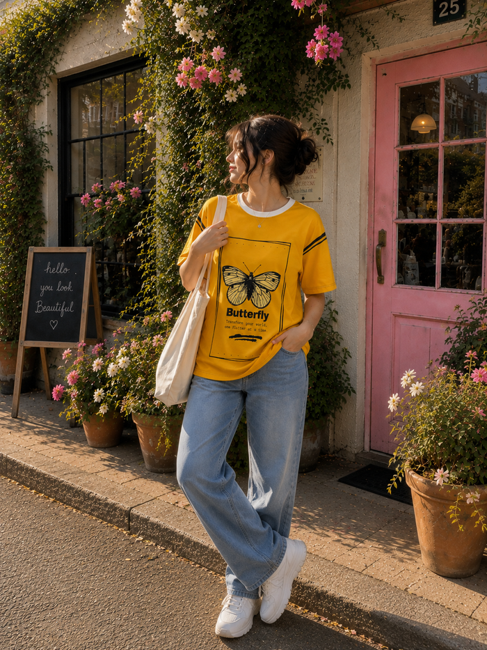Butterfly Transform Tee — Yellow Graphic Butterfly T-Shirt
