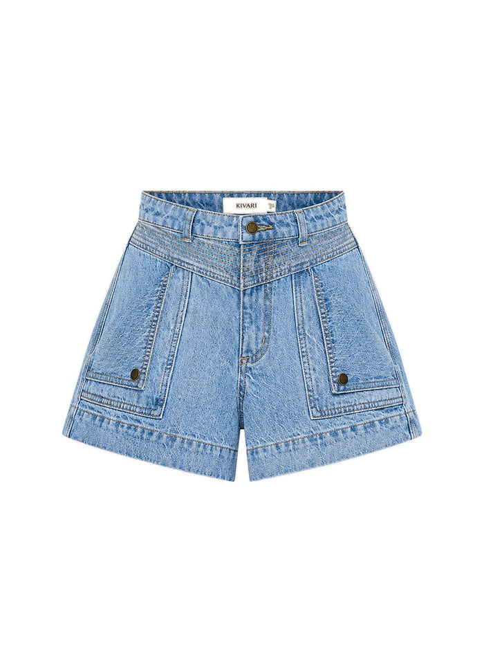 KIVARI Celene Denim Short in Stonewash – flat lay of women's high-waist denim shorts with belt loops and patch pockets