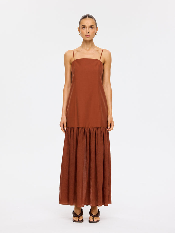KIVARI Elanor Maxi Dress in Hazel – full-length front view of model wearing women's hazel square-neck spaghetti strap tiered maxi dress