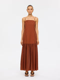 KIVARI Elanor Maxi Dress in Hazel – full-length front view of model wearing women's hazel square-neck spaghetti strap tiered maxi dress