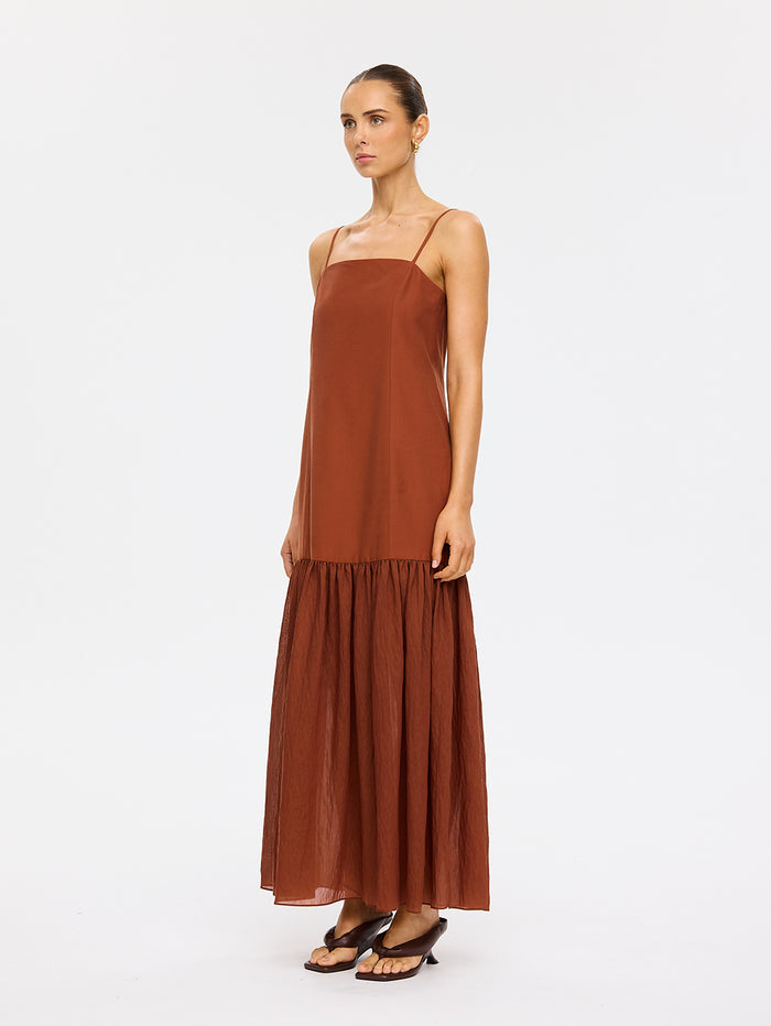 KIVARI Elanor Maxi Dress in Hazel – full-length diagonal view of model wearing women's hazel square-neck tiered maxi dress