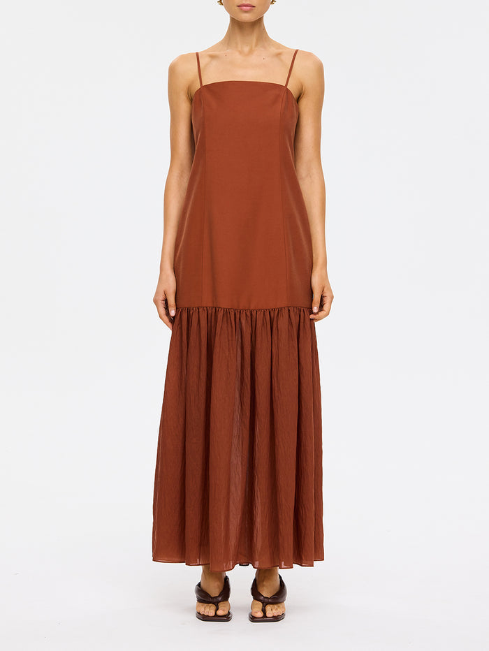 KIVARI Elanor Maxi Dress in Hazel – full-length front view of model wearing women's hazel spaghetti strap tiered maxi dress