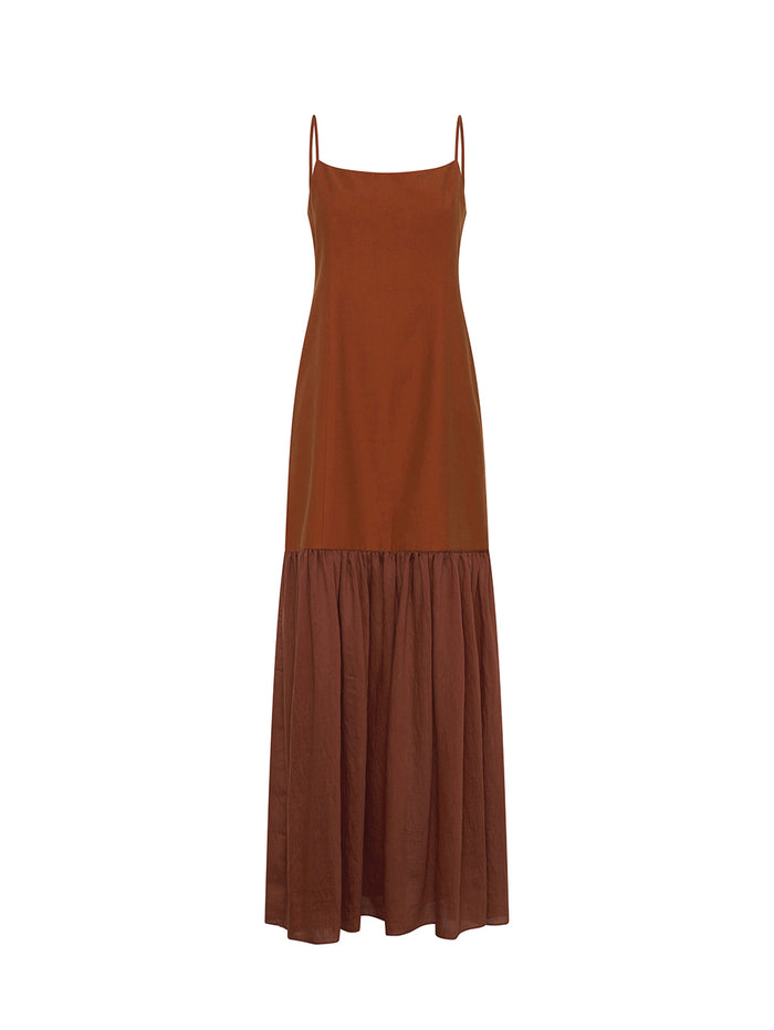 KIVARI Elanor Maxi Dress in Hazel – flat lay product shot of women's terracotta spaghetti strap tiered maxi dress with ruched skirt