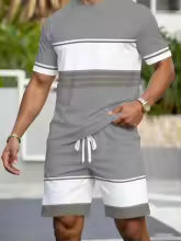 Ensemble 2 Pièces Homme – T-Shirt Rayé & Short Élastique | Grande Taille Sà 4XL
