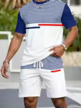 Ensemble 2 Pièces Homme – T-Shirt Rayé & Short Élastique | Grande Taille Sà 4XL