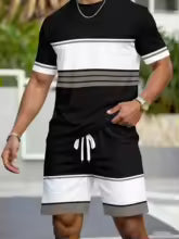 Ensemble 2 Pièces Homme – T-Shirt Rayé & Short Élastique | Grande Taille Sà 4XL