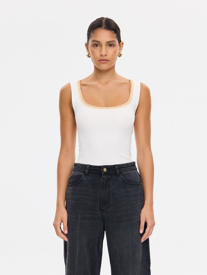 KIVARI Esme ivory tank top with crochet-trim neckline and wide-leg denim jeans, cropped view