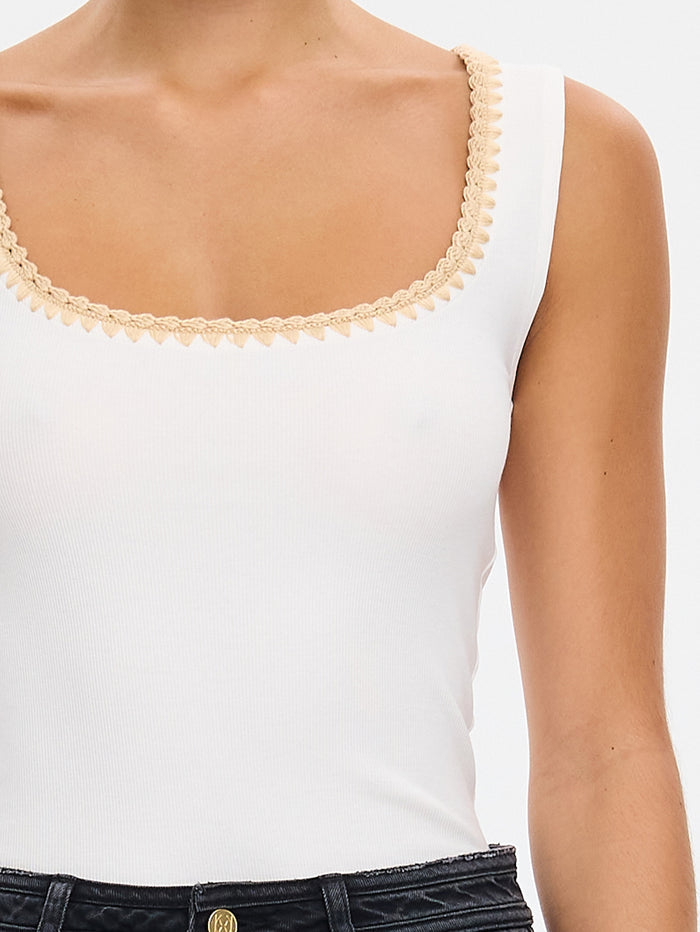KIVARI Esme ivory tank top close-up of crochet-trim neckline detail with denim jeans