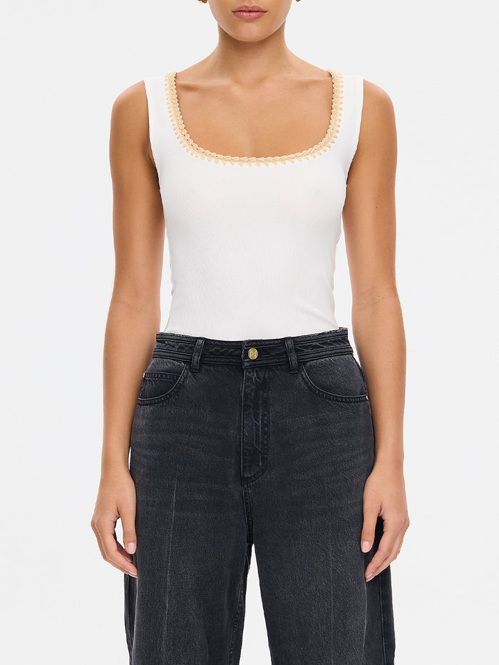 KIVARI Esme ivory tank top close-up of crochet-trim scoop neckline with wide-leg denim jeans