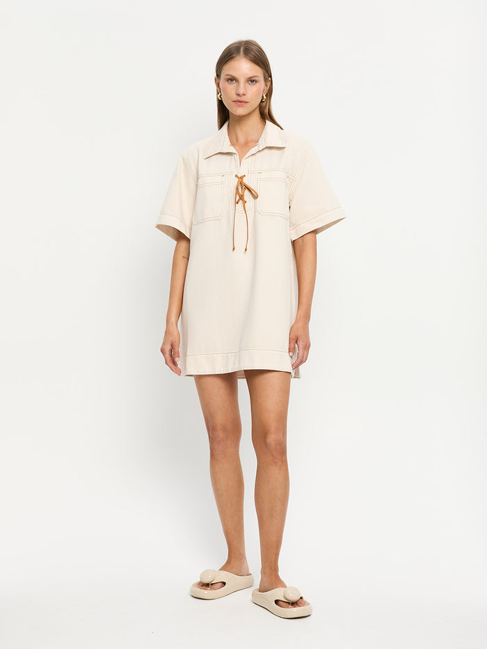 Evie Denim Dress Cream Front 01