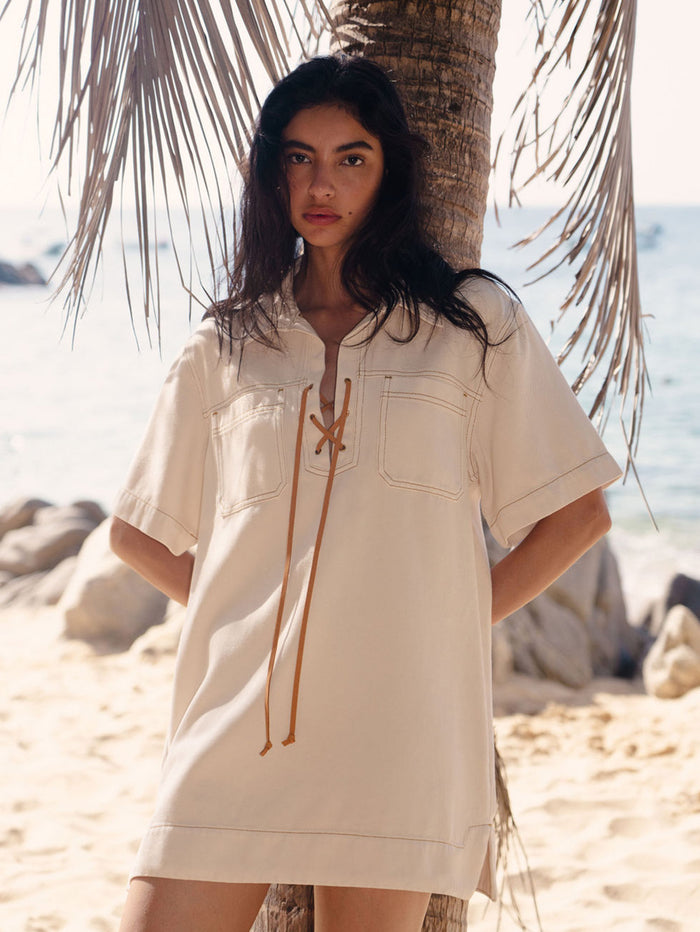 Evie Denim Dress Cream Campaign