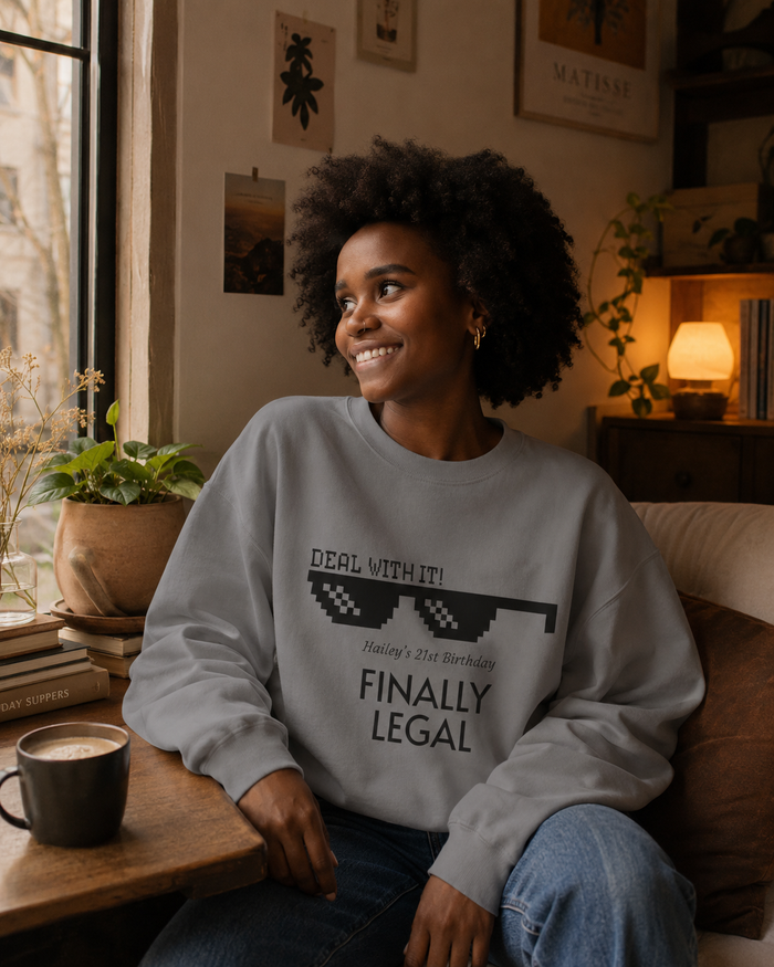 Finally Legal Crewneck Sweatshirt – 21st Birthday "Deal With It" Sunglasses Design