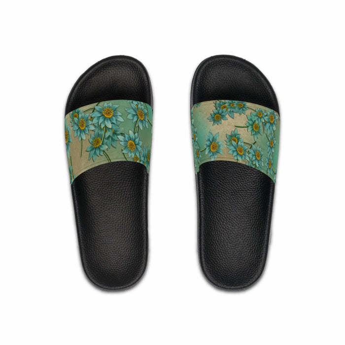 Floral Teal Slide Sandals — Men's Sunflower Garden Pool Slides