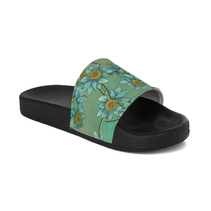 Floral Teal Slide Sandals — Men's Sunflower Garden Pool Slides