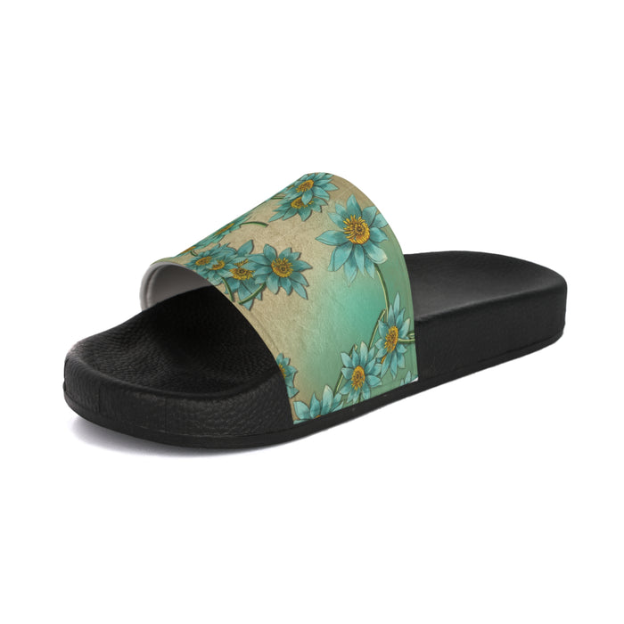 Floral Teal Slide Sandals — Men's Sunflower Garden Pool Slides
