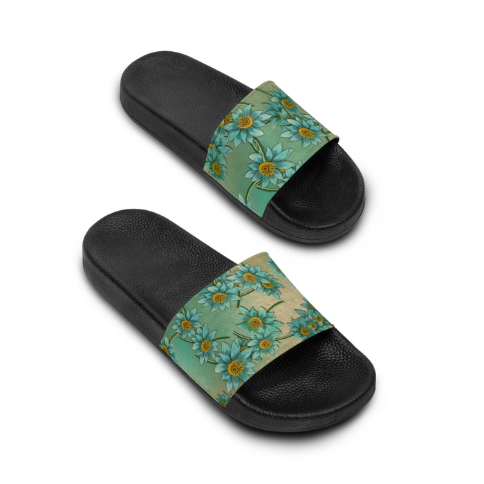 Floral Teal Slide Sandals — Men's Sunflower Garden Pool Slides